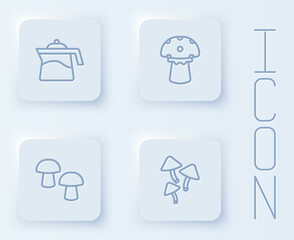 Set line Teapot, Mushroom, and . White square button. Vector