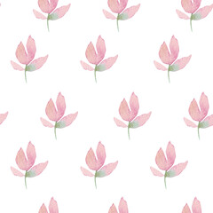 Fototapeta na wymiar Watercolor hand drawn minimalist delicate pink flowers isolated on white background. Seamless pattern with pink flowers. Good for fabric and textiles,invitations,weddings, postcards,cards,girly style