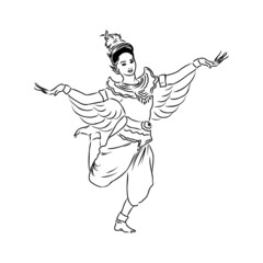 Hand drawn Thai traditional dancing style female ghost on white background for concept of happy Halloween. Vector illustration in doodle art style