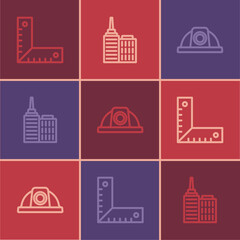 Set line Corner ruler, Worker safety helmet and City landscape icon. Vector