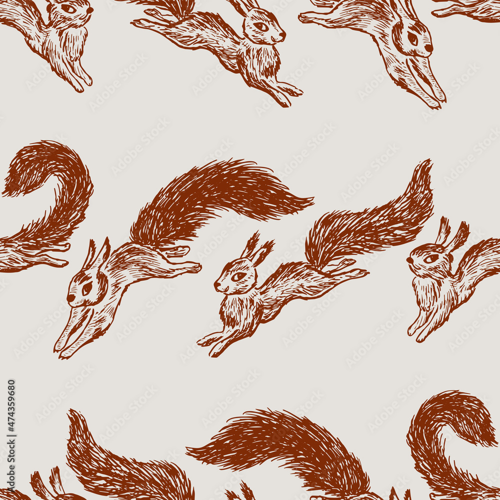 Wall mural Seamless background of sketches cartoon red jumping wild squirrels