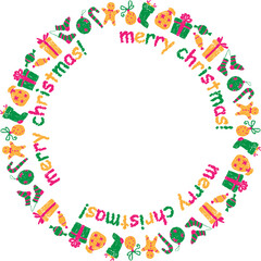 Fototapeta na wymiar Decorative round border from colorful drawn christmas gifts and lettering