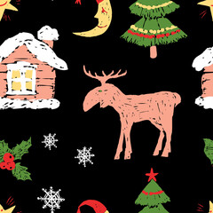 Seamless background of drawn cartoon christmas symbols,fir tree, elk, holly, crescent, rural house