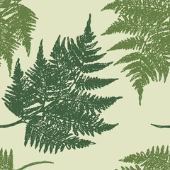 Seamless pattern of silhouette abstract drawn green fern leaves