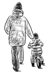 Sketch of a father with little child on bicycle walking outdoors together
