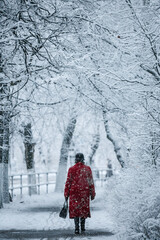 city view, snowy weather, winter city streets, man in red
