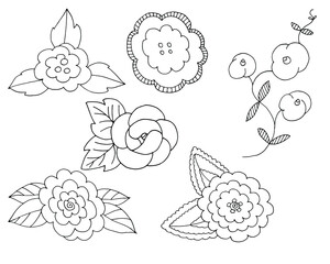 a set of vector graphic drawings of flowers and leaves in an ethnic style