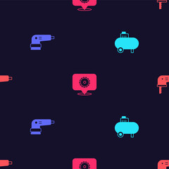Set Air compressor, Electric sander, Circular saw blade and jigsaw on seamless pattern. Vector