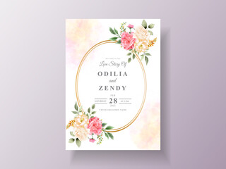Beautiful pink and yellow flowers wedding invitation card
