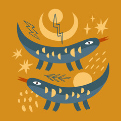 Monitor lizard childish cartoon groovy boho illustration naive funky handdrawn style art vector