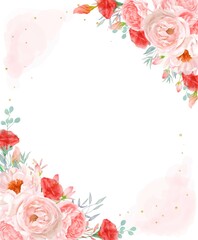 可憐な赤とピンクのバラの花とリーフのゴールド縦水彩画風フレームベクターイラスト素材