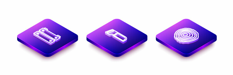 Set Isometric line Wooden box, Hacksaw and Tree rings icon. Vector
