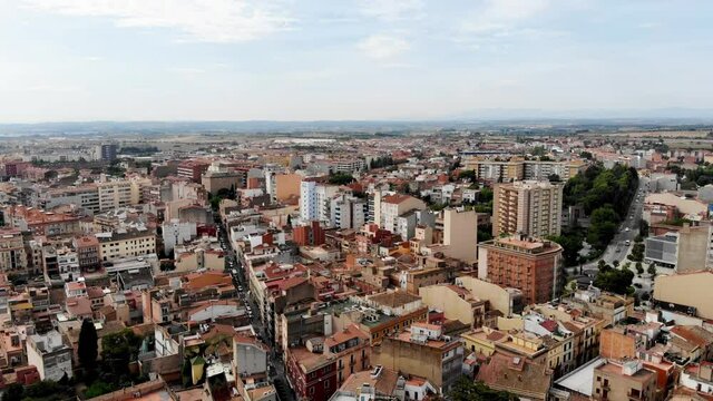 Drone shot Figueres city. A panoramic view from a drone of the streets of the Spanish city of Figueres. Salvador Dali Museum in Catalonia.