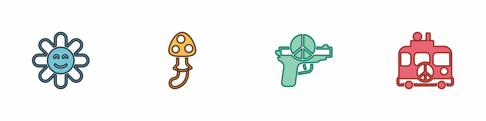 Set Flower, Psilocybin mushroom, No war and Hippie camper van icon. Vector