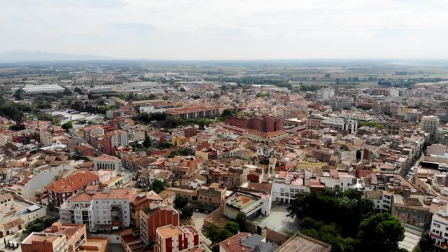 Drone shot Figueres city. A panoramic view from a drone of the streets of the Spanish city of Figueres. Salvador Dali Museum in Catalonia.