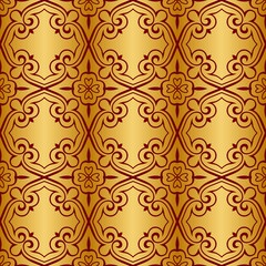 Red gold seamless pattern with regular embellishments..Background like luxury wrapping paper..Design for printing paper as a gold background.