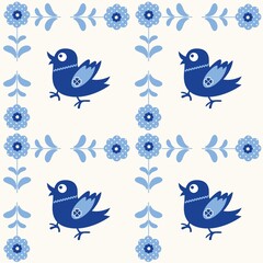 Cartoon seamless background in blue and white for kids. Seamless texture tile with vintage motives...Cheerful regular pattern for children with birds. Blue and white design for printing.