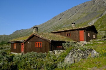 Fototapeta premium Traditional wooden turf houses in the Norwegian mountains. Spiterstulen - Norwegian tourist hostel located in Jotunheimen Mountains, in Visdalen valley, on Visa River. Jotunheimen National Park