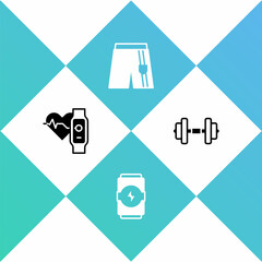Set Smart watch with heart, Energy drink, Short or pants and Dumbbell icon. Vector
