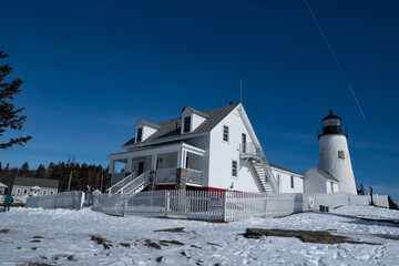 Pemaquid Point Lighthouse and Keepers House  during winter, Maine, USA
