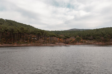 Lake view with beautiful, colorful trees surrounding it in autumn season. 