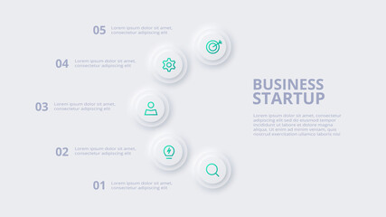 Neumorphic flowchart infographic. Creative concept for infographic with 5 steps, options, parts or processes.