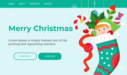 A Christmas landing page template with a cute elf in a Christmas sock. Vector illustration.