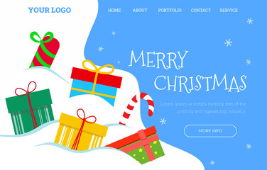 Christmas landing page template with lots of gifts. Vector illustration.
