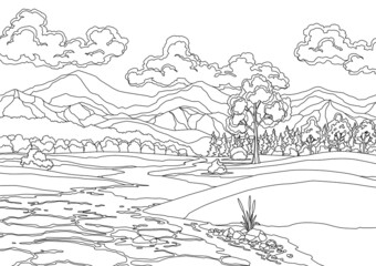 Fototapeta premium Landscape with river flowing through hills, scenic fields, forest and mountains. Beautiful scene with river bank shore, reed cane,green hill, tree and clouds. Coloring style illustration
