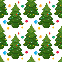 Seamless Christmas background with Christmas tree and Glass Christmas tree toys