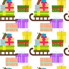 Seamless Christmas background with Christmas gifts on wooden sled