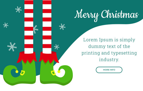 Christmas horizontal banner with elf feet in green boots and striped leggings. Vector illustration.