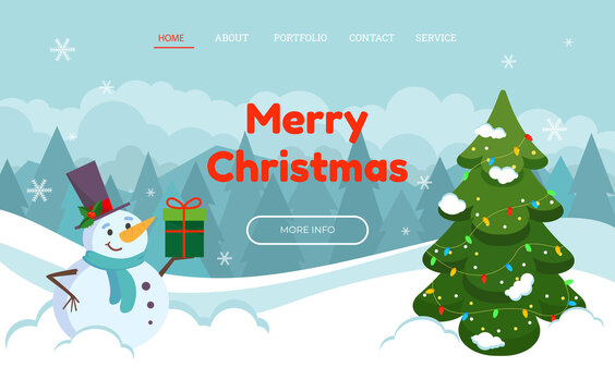 Christmas landing page template with kind snowmen in a hat and a gift. Vector illustration.