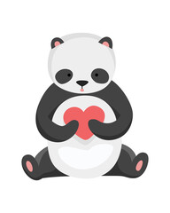Panda bear sits and holds heart. Cute big panda character. Asian wildlife cartoon animal. Adorable jungle wild mammal