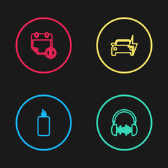 Set line Burning candle, Headphone sound waves, Electric car and Calendar clock icon. Vector