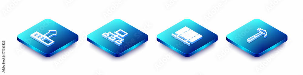 Poster set isometric line loading, computer network, server, data, web hosting and hammer icon. vector