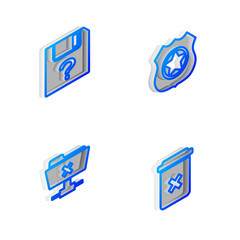 Set Isometric line Police badge, Unknown document, FTP cancel operation and Trash icon. Vector