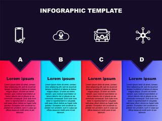 Set line Flight mode in the mobile, Music streaming service, Car sharing and Network. Business infographic template. Vector