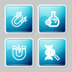 Set line Magnet with lightning, Bioengineering, and DNA research, search icon. Vector