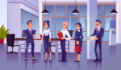 Vector of cartoon characters of businesspeople group in a modern office interior