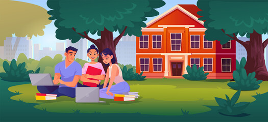 Vector of students sitting on a grass at university campus
