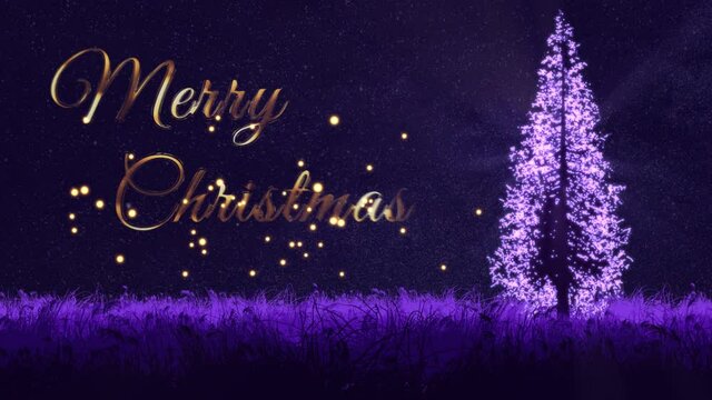 Merry Christmas - Textanimation in zauberhafter M&auml;rchenwelt mit Tannenbaum (Lichterbaum) und umherfliegenden Irrlichtern (Gl&uuml;hw&uuml;rmchen, Feen, Elfen) in zauberhafter samten violetter Umgebung