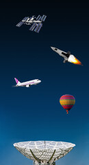 The satellite dish is turned to the sky with traffic in the layers of atmosphere