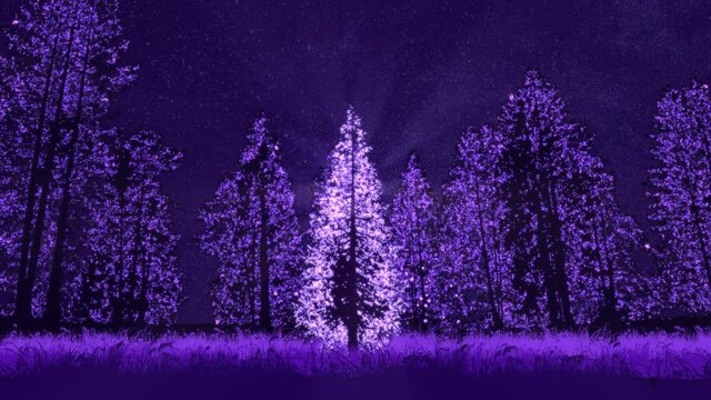 Lichterbaum (Tannenbaum) in zauberhafter M&auml;rchenwelt in violetten Farben mit umherfliegenden Irrlichtern (Gl&uuml;hw&uuml;rmchen, Leuchtk&auml;fern, Feen, Elfen) - 3D Animation 4K