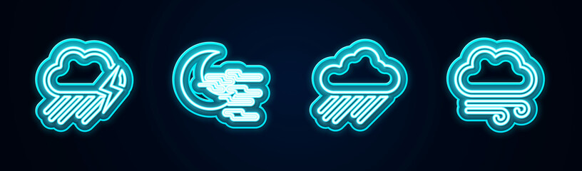 Set line Cloud with rain and lightning, Fog moon, and Windy weather. Glowing neon icon. Vector