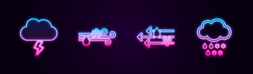 Set line Storm, Wind and rain with snow, and Cloud. Glowing neon icon. Vector