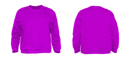 Blank sweatshirt color purple on invisible mannequin template front and back view on white background
