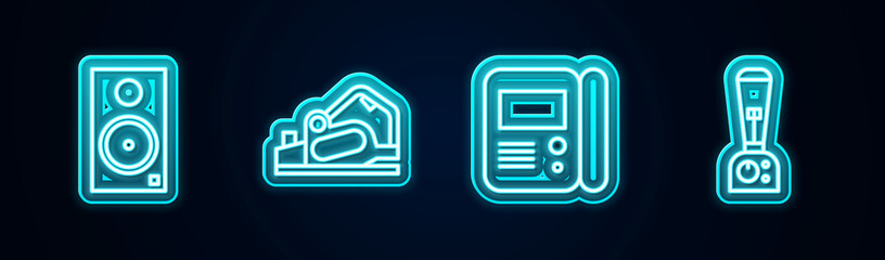 Set line Stereo speaker, Electric planer tool, House intercom system and Blender. Glowing neon icon. Vector