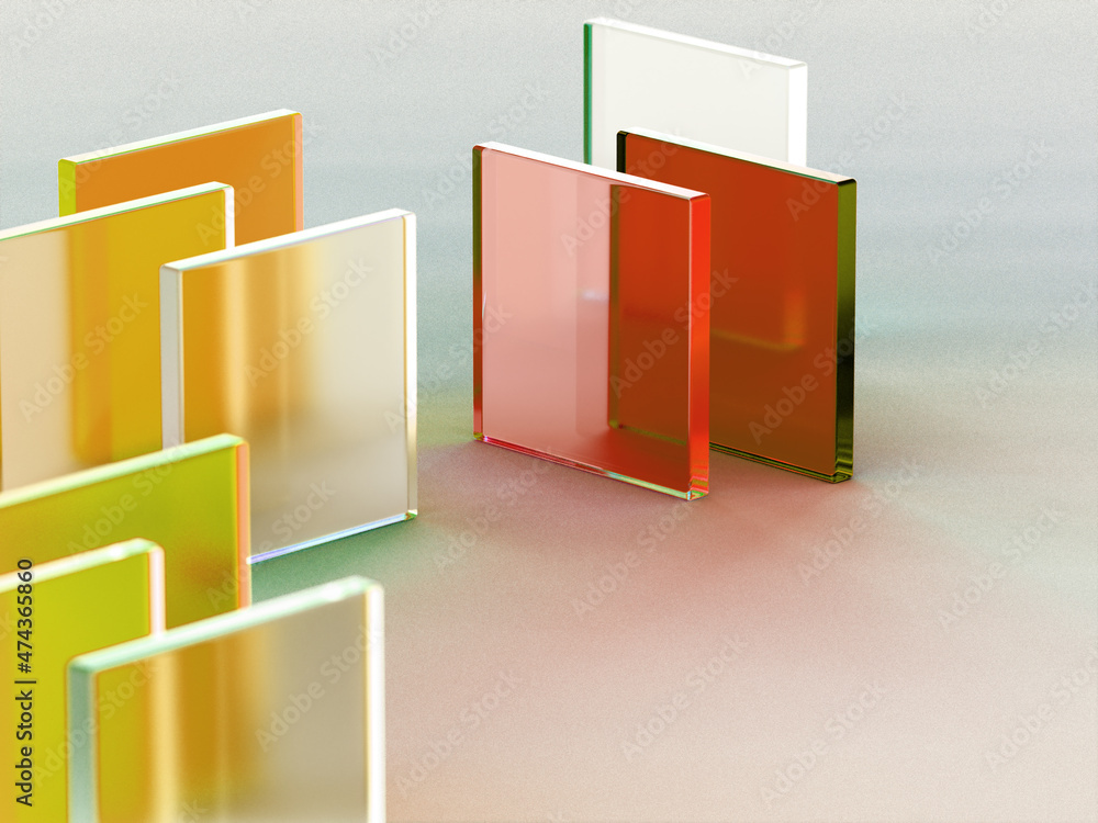 Poster 3d rendered transparent cube graphics with red and yellow colors on a light background. illustration