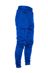 Blank training jogger pants color blue on invisible mannequin template side view on white background
